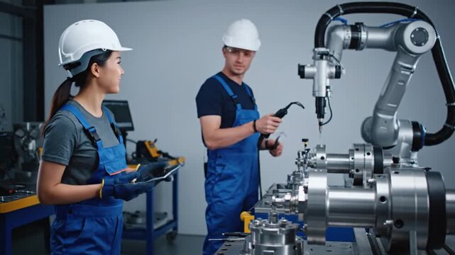 Two engineers in hard hats and overalls working with a robotic arm in a modern factory setting, demonstrating automation and teamwork.