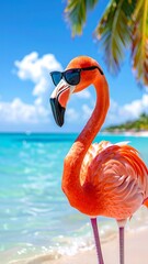 Flamingo with sunglasses on a tropical beach enjoying the turquoise water
