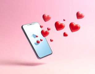Floating phone surrounded by 3D hearts against a soft pink background creates a love theme