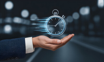 Businessman holding digital stopwatch with binary code trails for tech speed concept.