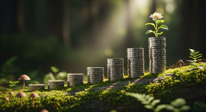 Stack of coins with white flower growing on mossy log in sunlight for investment growth.
