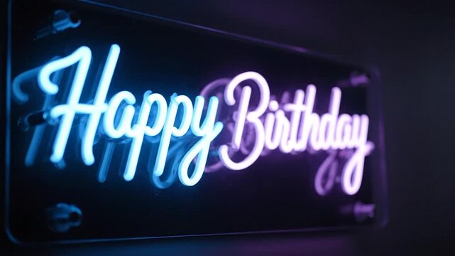 Illuminated neon sign reading "Happy Birthday" in cursive script, mounted on a dark surface