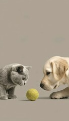 Cat and Dog Staring at a Tennis Ball in Studio Setting