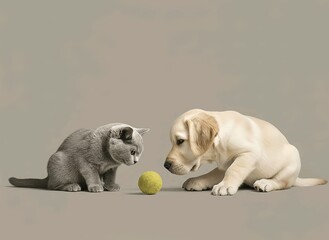 Cat and Dog Staring at Tennis Ball in Minimalist Studio Setting