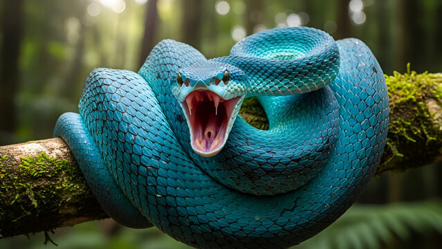 A blue venomous snake coils on a wet branch, mouth wide open in a threatening pose within a humid forest.