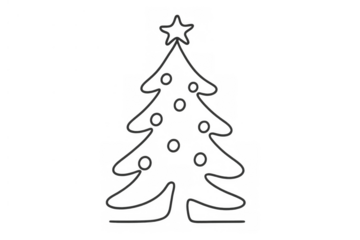 Christmas tree continuous line drawing, holiday season decorative festive element with star and ornaments