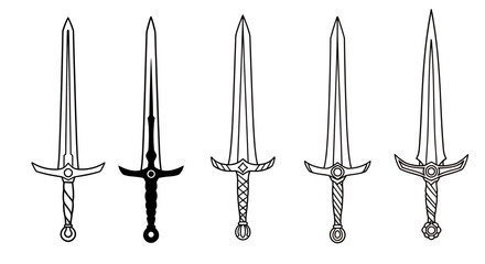 A collection of five distinct medieval fantasy swords, rendered as detailed black and white vector line art illustrations, isolated on a clean background.