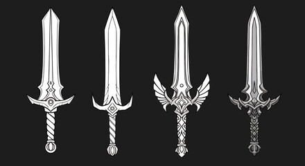 Fototapeta premium Set of Ornate Medieval and Fantasy Swords Vector: Elaborate Blades with Wings and Detailed Hilts.