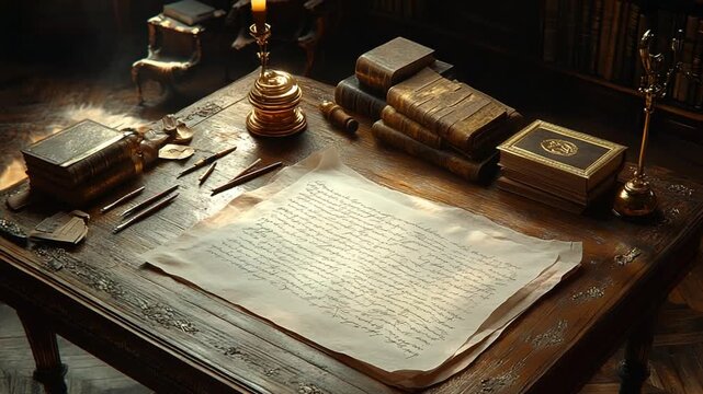 Antique desk with handwritten scroll and books
