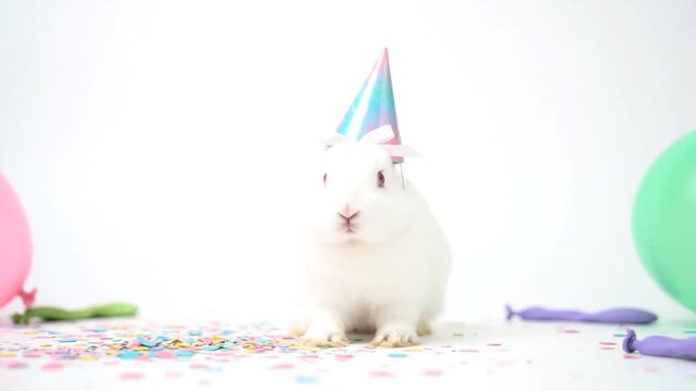 A fluffy bunny wearing a party hat surrounded by confetti, balloons, and deflated balloons