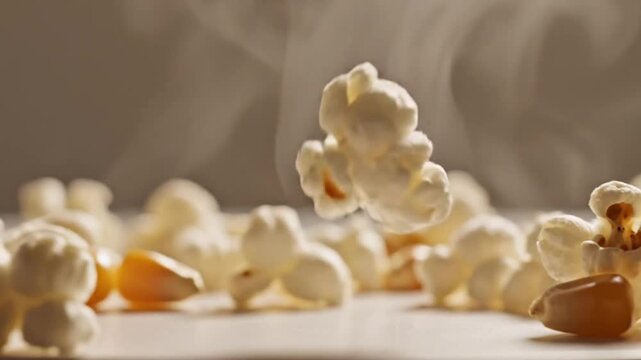 Freshly popped popcorn kernels falling onto a white surface with other kernels and corn in slow motion