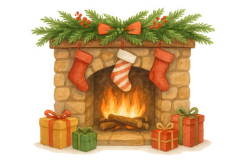 Obraz premium Christmas fireplace with burning logs, hanging stockings, traditional festive decorations, and colorful wrapped gifts