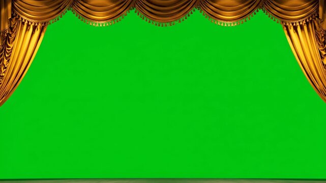 Elegant Gold Curtain Reveal on Green Screen Background for Chroma Key Visual Effects or theatrical