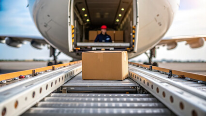 Air cargo business loading air freight forwarding packing and worker on ramp with cardboard box ready for transport