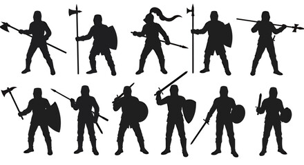 Obraz premium Set of Medieval Warriors and Guards Black Silhouettes: Armor, Shields, Axes, and Polearms Vector.