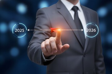 Businessman pressing a virtual button on a white background for digital business technology