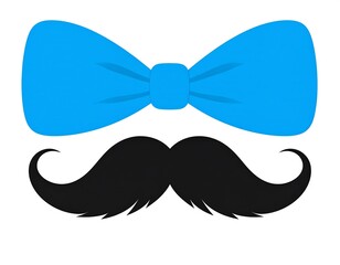 Flat vector art of a bright blue bow tie above a curly, dark, stylized mustache