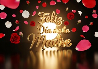 3D Golden Script &ldquo;Feliz D&iacute;a de la Madre&rdquo; with Floating Roses &mdash; Luxury Banner Composition