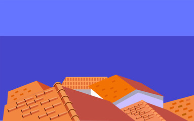 landscape background with red roofs and blue sea