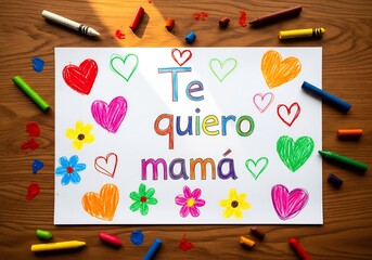 Child&rsquo;s Crayon Drawing &ldquo;Te quiero mam&aacute;&rdquo; &mdash; Mother&rsquo;s Day Craft &mdash; Wide Creative Workspace View