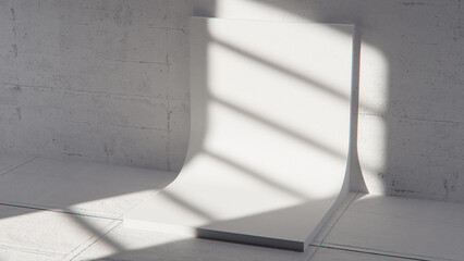 Minimal 3D scene with curved white backdrop and concrete texture. Ideal for product display, branding, and modern design mockups with natural light and shadow play.
