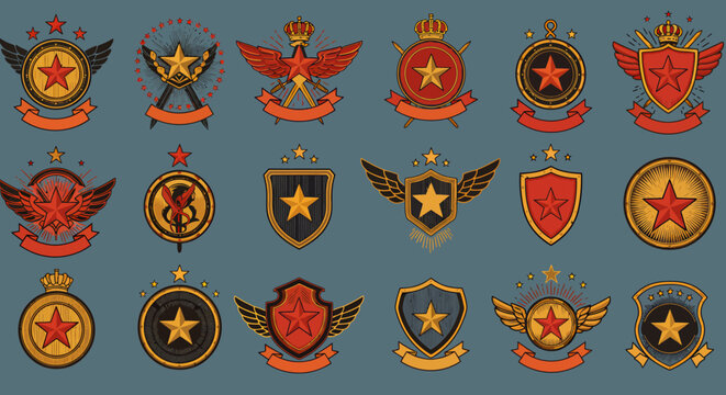 A diverse collection of vintage heraldic badges and military-inspired emblems, featuring stars, wings, and shields, perfect for graphic design projects.