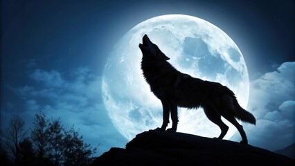 A wolf howls at the moon in the night sky