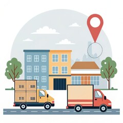 A red and yellow truck is driving down a street with a red box on the back