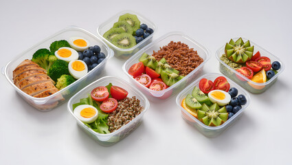 Healthy meal prep lunch box set with balanced portions on white