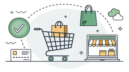 A shopping cart is shown with a green check mark on it