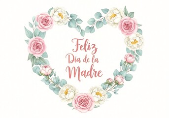 Watercolor Floral Heart Wreath &mdash; Feliz D&iacute;a de la Madre &mdash; Wide Greeting Layout
