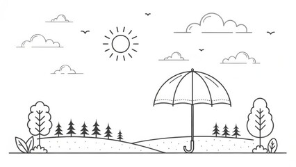 A black and white drawing of a sunny day with a large umbrella