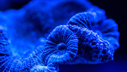 Luminous Coral: An artistic macro capture of a vibrant blue coral reef, illuminated to reveal intricate patterns and textures, creating a mesmerizing underwater abstract.