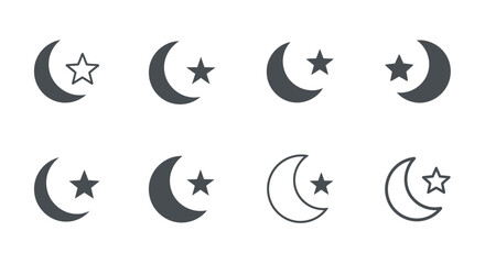 Fototapeta premium Collection of minimalist crescent moon and star vector icons showcasing various graphic styles for celestial design elements and night sky symbols