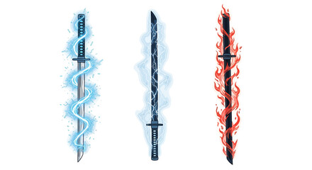 Fototapeta premium Set of Three Magical Katanas: Elemental Swords with Lightning, Energy, and Fire Effects Vector Illustration