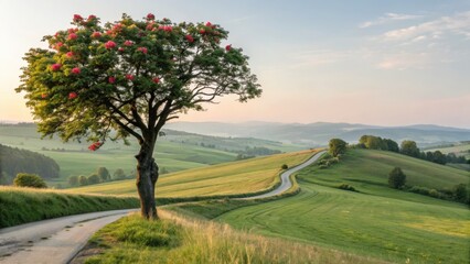 A tree with pink flowers is in the middle of a grassy field