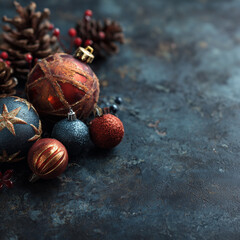 Dark Christmas decoration background with copy space, featuring elegant ornaments, soft glowing lights, and a rich festive atmosphere perfect for holiday designs.