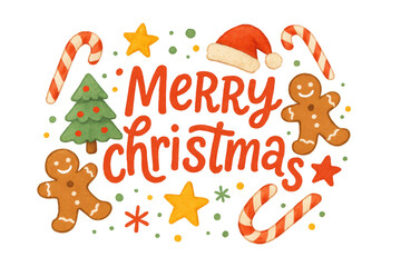 Naklejka premium Merry christmas lettering surrounded by gingerbread men, candy canes, santa hat, stars, and christmas tree, transparent background