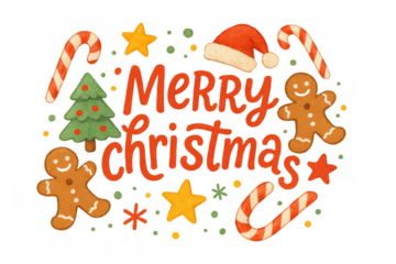 Merry christmas lettering surrounded by gingerbread men, candy canes, santa hat, stars, and christmas tree, transparent background