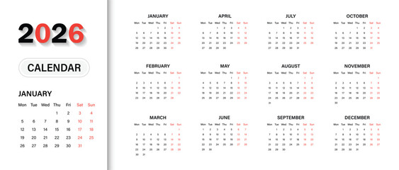 2026 calendar template clipart set. Week starts on Monday. Modern simple vector illustration.