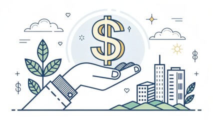 A hand holding a dollar sign in front of a city skyline