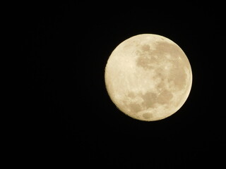 Detailed close-up view of a yellow waxing crescent moon with visible craters against a dark black sky