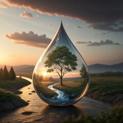 A tree is inside a glass water droplet, with a river flowing through the middle