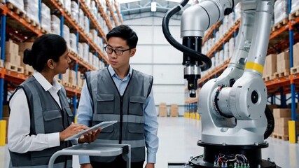 Two diverse engineers discuss robotic arm operations in a modern automated warehouse with shelves of inventory. - Powered by Adobe