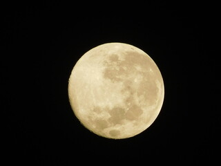 Detailed close-up view of a yellow waxing crescent moon with visible craters against a dark black sky