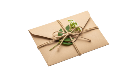 Kraft paper envelope tied with twine and decorated with green leaves and white flowers brown, Isolated On Png Transparent Background