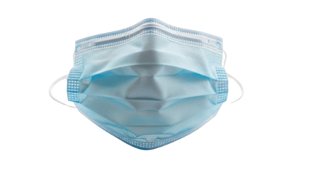 Light blue disposable face mask with white ear loops on black background medical protection 2, Isolated On Png Transparent Background
