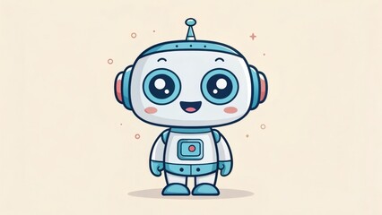 A cartoon robot with blue and white colors and smiling