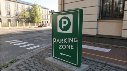 A green sign with a white arrow pointing to the right and the word parking on it