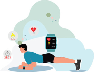 Flat vector illustration of a man plank and tracking fitness data using a smartwatch. Includes icons for calories, heart rate, and stopwatch. Modern pastel color palette background